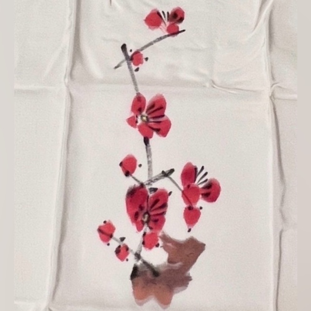 NEW 100% Chinese Silk Scarf Red Cherry Plum Blossom Design 16” square Vintage